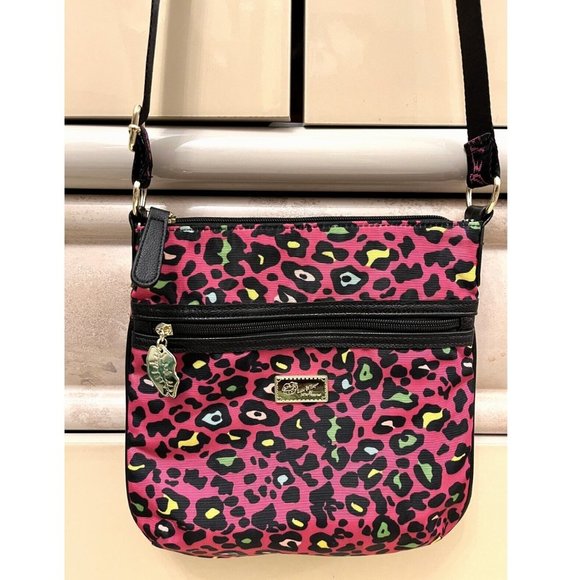 BETSY JOHNSON HOT PINK FUSCHIA LEOPARD CHEETAH ANIMAL PRINT NYLON CROSSBODY BAG - Picture 1 of 11